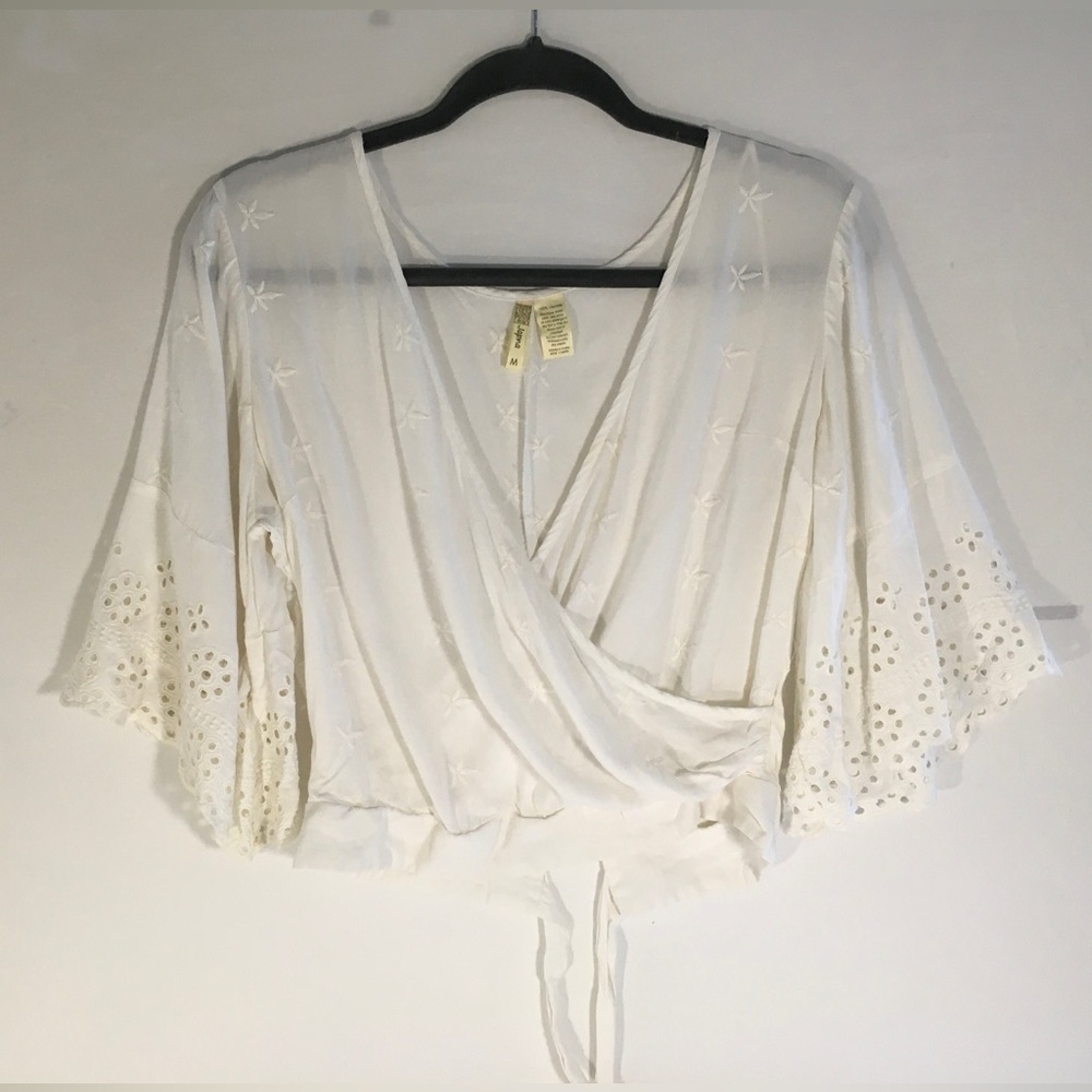 Japna Cream Flutter Sleeve Wrap Blouse